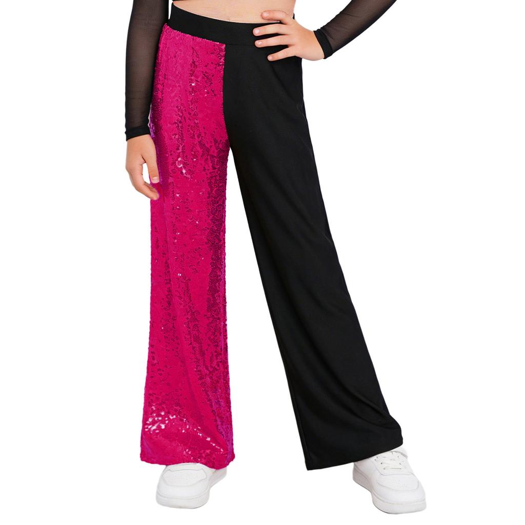 Girls Sequins Patchwork Pants Elastic Waist Color Block Dance Trousers Hip Hop Jazz Outfit