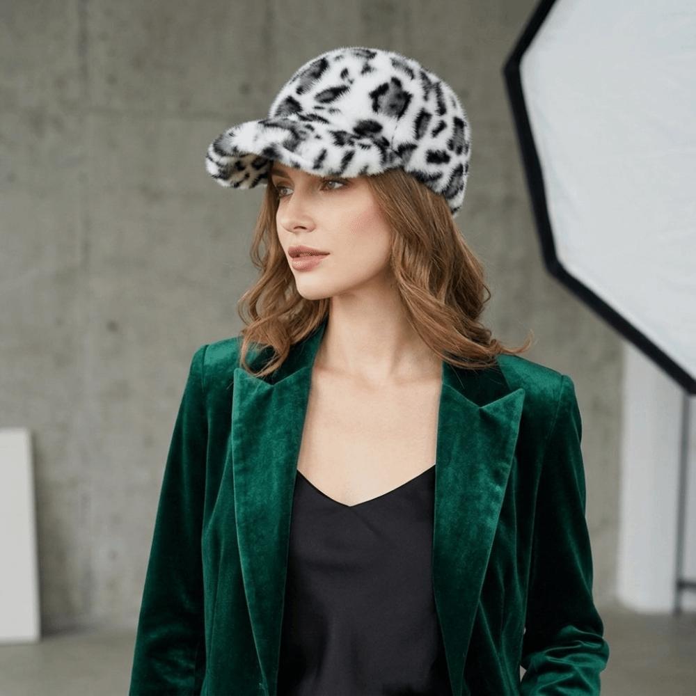 Thick Lining Faux Mink Cap Leopard Print Plush Hat New Baseball Cap Autumn Wear