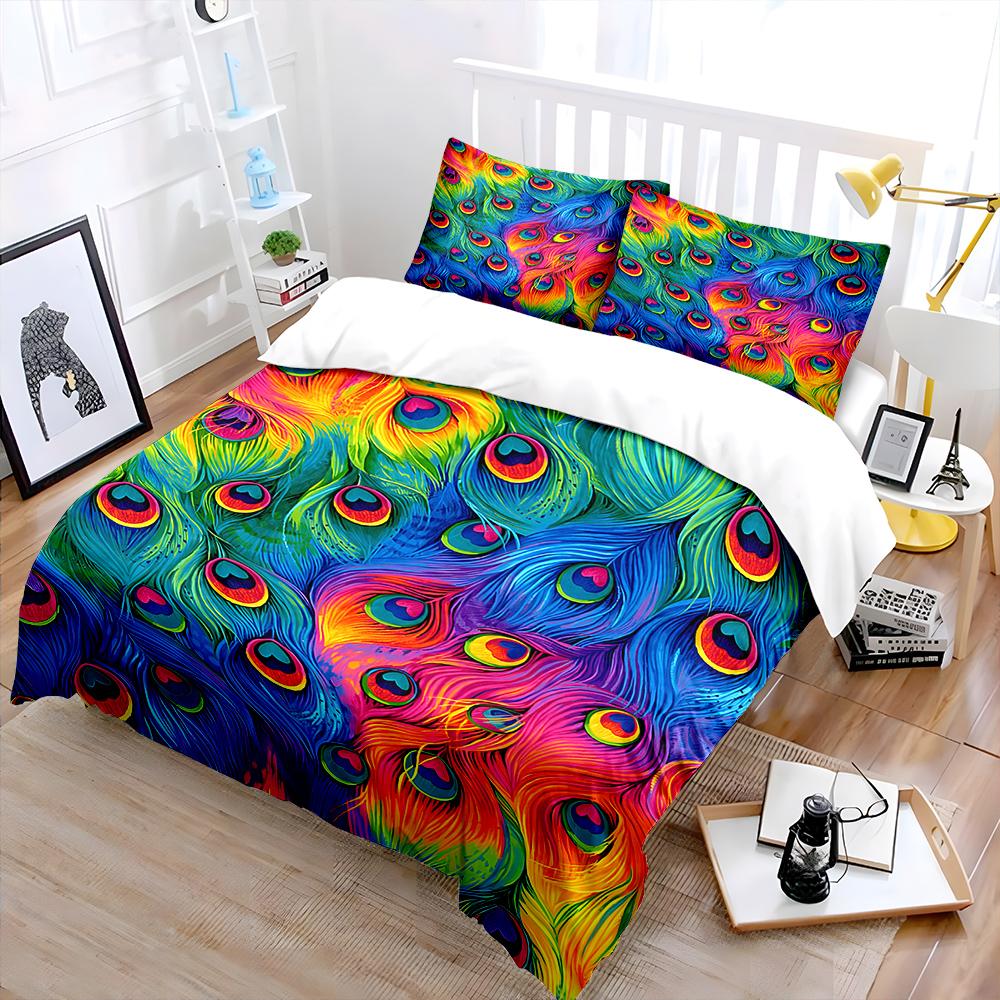 Colorful Peacock Feather Art Bedding Set For Kids Luxury Gift 3Pcs Digital Print Comforter Set Soft Comfortable Breathable