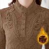 Camisa de encaje de otoño e invierno Camisa superior ajustada Camisa de mujer de talla grande con relleno de terciopelo y calidez