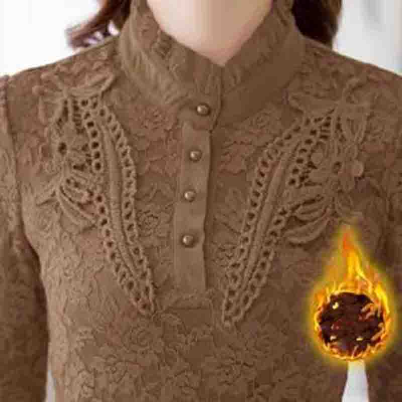 Camisa de encaje de otoño e invierno Camisa superior ajustada Camisa de mujer de talla grande con relleno de terciopelo y calidez