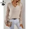 Damenmode, lässig, Herbst/Winter, einfarbig, bedruckt, langärmelig, V-Ausschnitt