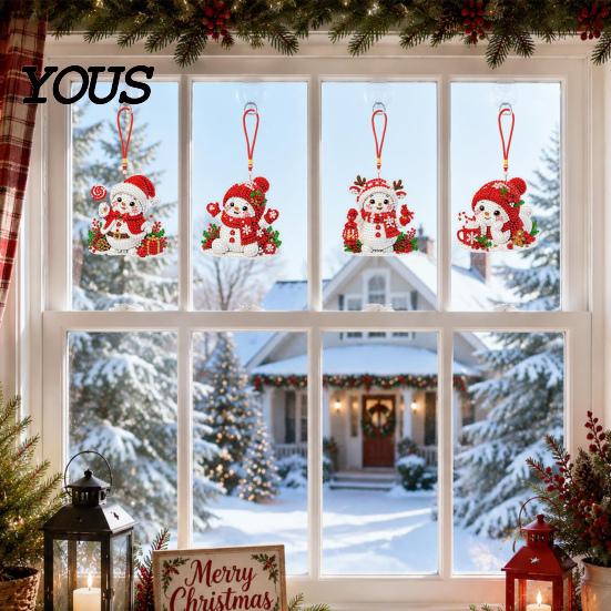 Faux Diamond Painting Craft Set 4Pcs Hanging Art Kit for Christmas Tree, DIY Mini Diamonds Kits Ornament Kit, Acrylic Window Pendant Adults Beginners