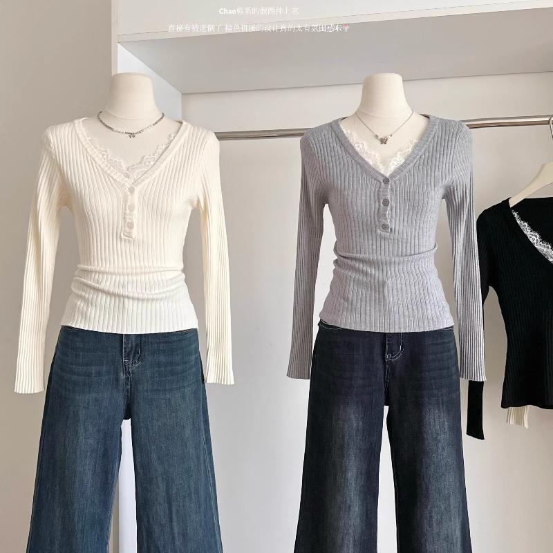 V-neck Sweater for Women's Early Autumn New Design Style Lace Knitted Base Layer, Slimming Long-sleeved Top