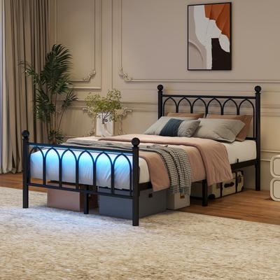 120x200cm Metal Bed Frame with Headboard and Footboard, USB Charging, LED, Steel Slat Support, Under-Bed Storage, No Box Spring Required, Black