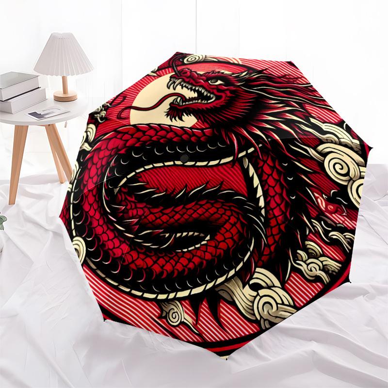 1pc Red Dragon Circular Emblem Umbrella with Plastic Handle,Suitable for All Seasons Home Travel Outdoor UmbrellaDD1263