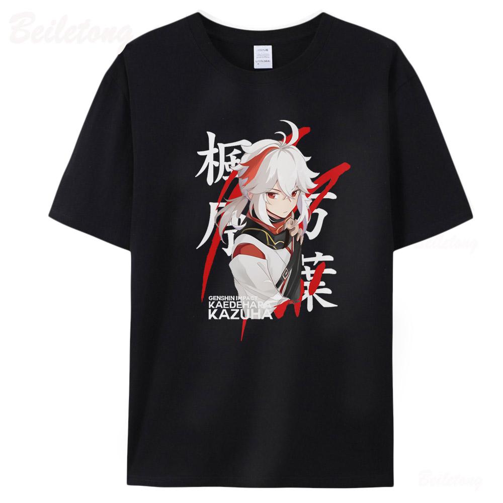 Genshin Impact Kaedehara Kazuha T Shirts Men Women Short Sleeve Unisex Tees100% Cotton Summer Streetwear Print O-Neck Black Tops