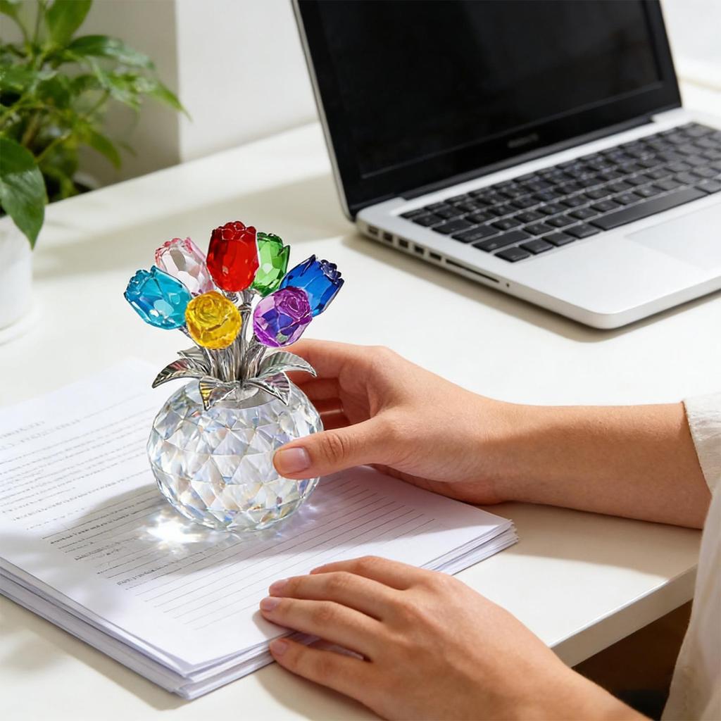 Crystal Rose Flower Figurine Colorful Romantic Home Decor Aesthetic Desk Ornament for Mothers Day Wedding Anniversary Gift