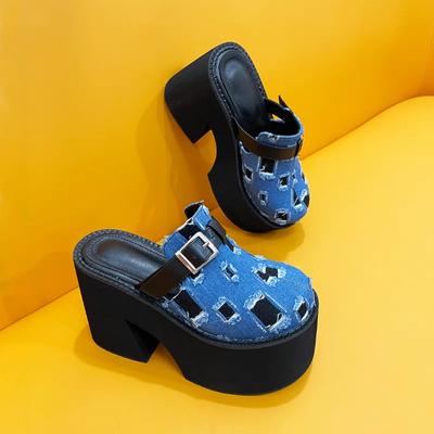 Chaussures à Talons Hauts pour Femmes Sandales Sexy à Talons Épais en Denim Déchiré Sandales à Bout Ouvert Augmentant la Hauteur Chaussures à Bout Ouvert Grande Taille 35-43