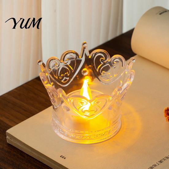 Transparent Plastic Box Crown LED Tea Light, Flameless Faux Crystal Candle Night Vintage Home Decor Romantic Wedding Party Decor, Creative Gift