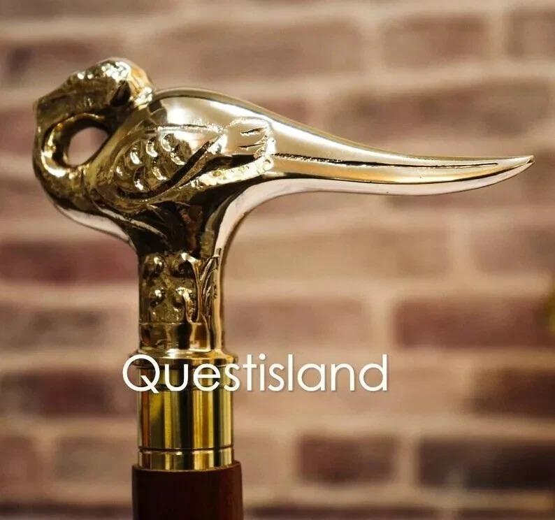 Walking Stick Peacock Handle Brass Wooden Victorian Foldable Cane Collectible