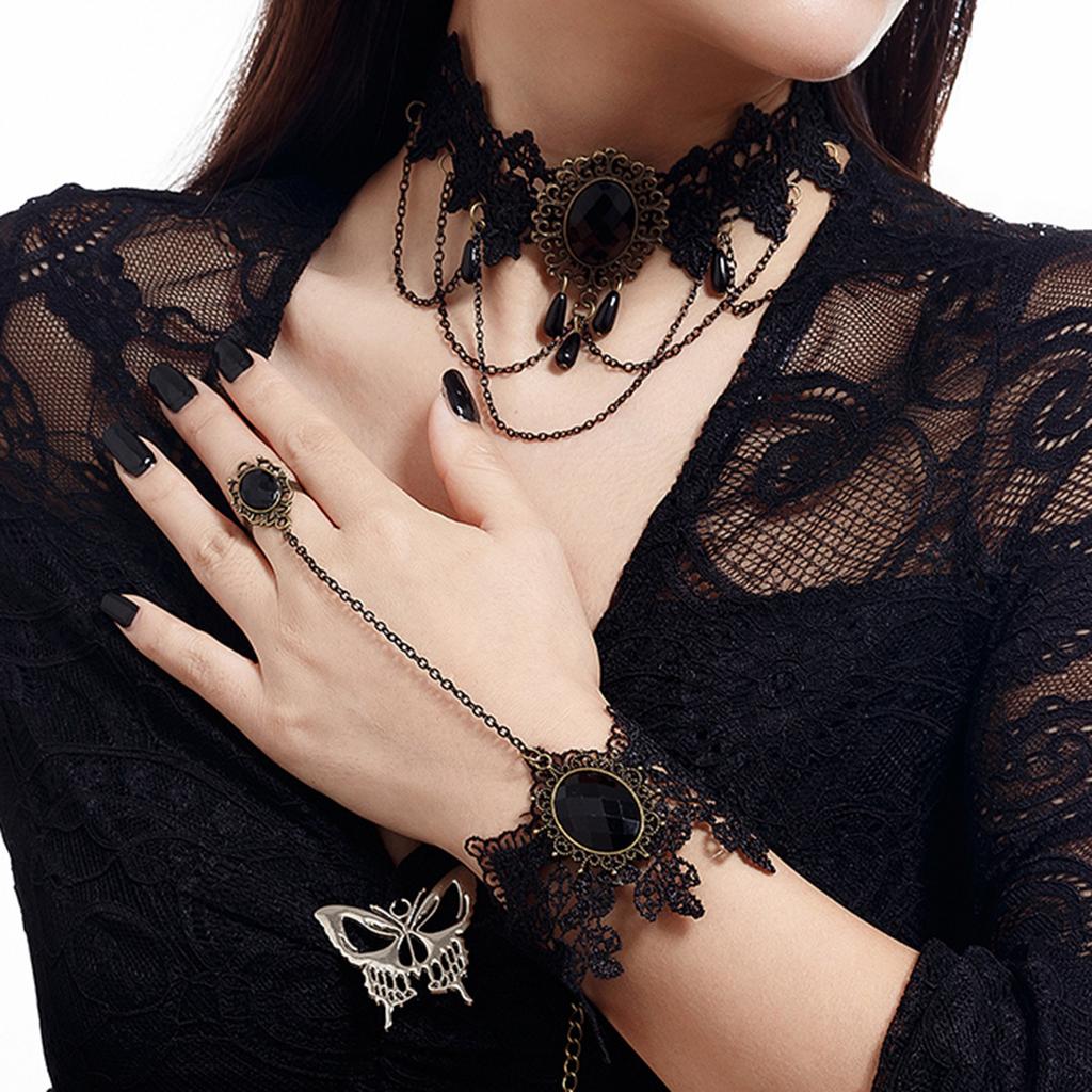 Gotycki mroczny kryształowy naszyjnik z kwiatem i frędzlami, seksowny słodki fajny czarny koronkowy kołnierzyk, biżuteria