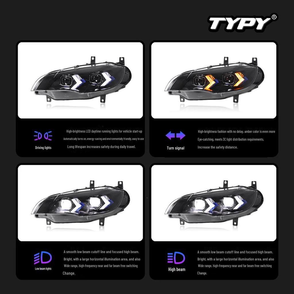 Compatible LED Headlight Assembly with Daytime Running Lights & Turn Signals for 2008-2014 BMW X6 (E71 Model)
