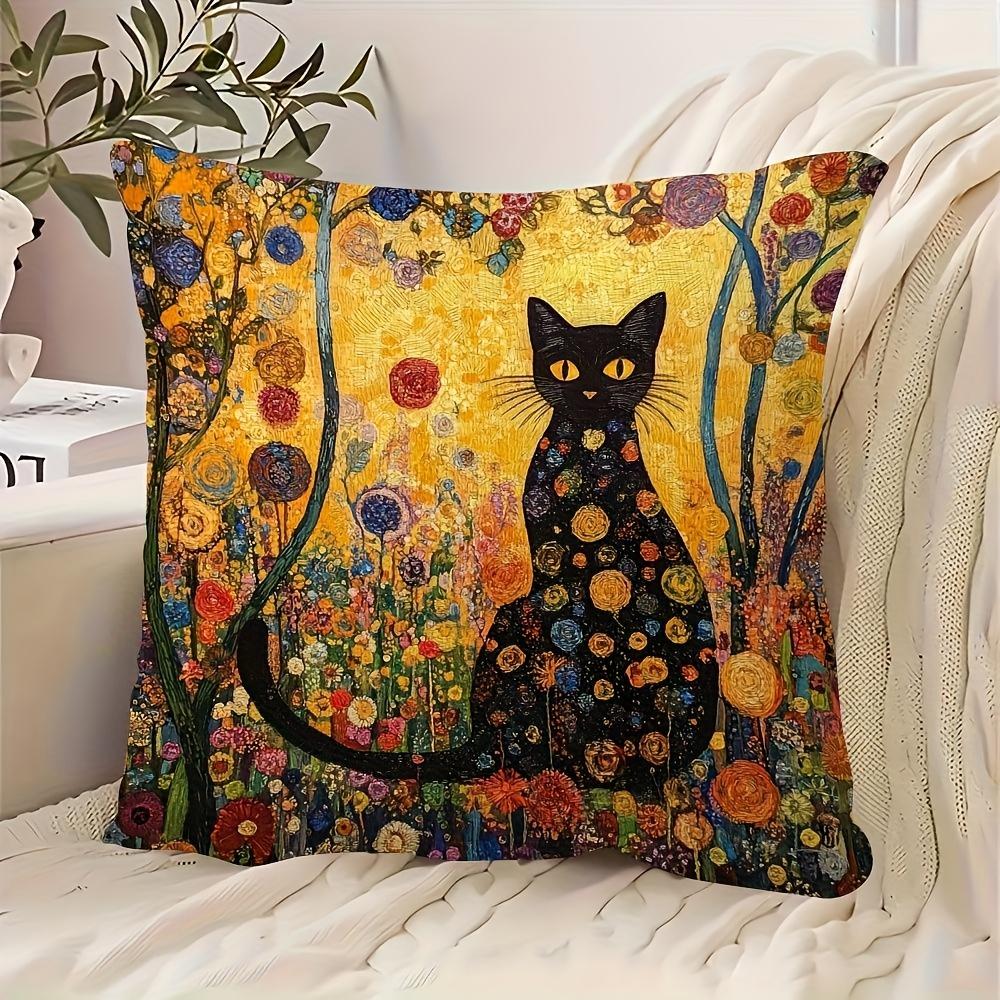 Exquisite Ornaments Unisex Black Gustav Klimt Style Cat Pillow Cover Floral Art Print Boho Vintage Cushion Case For Sofa Bed Couch Artistic Home Decor