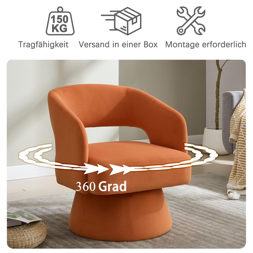 360-Degree Swivel Accent Chair, Comfortable Velvet Barrel Chair, Open Back, Soft Foam Padding, Metal Swivel Base for Living Room/Bedroom/Office