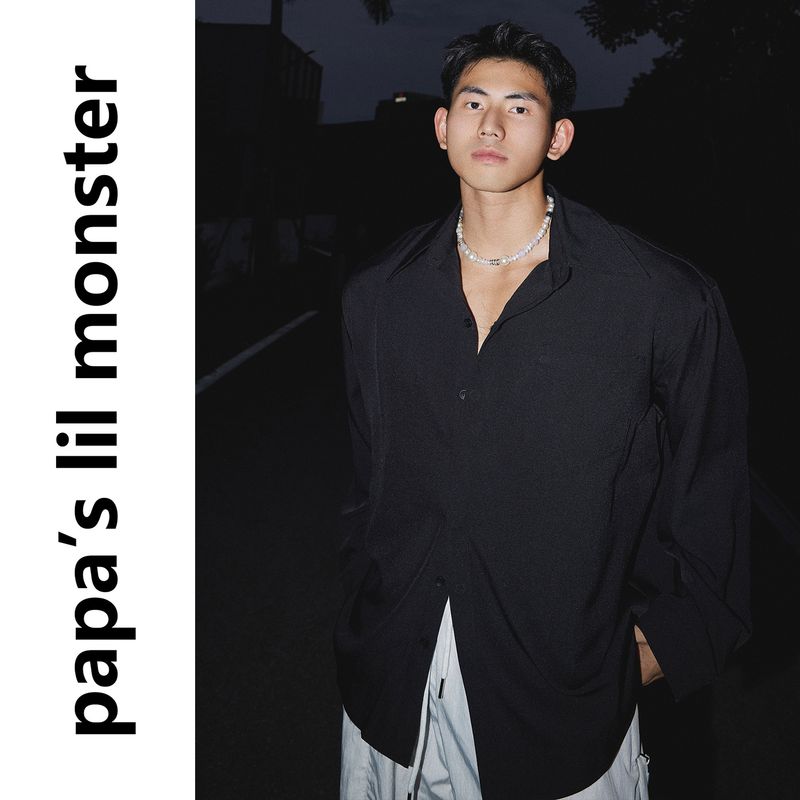 

Papaslilmonster American Silk Texture Anti-Wrinkle Fancy Shirt Clean-Fit Accessible Luxury Sense Shirt Black X L