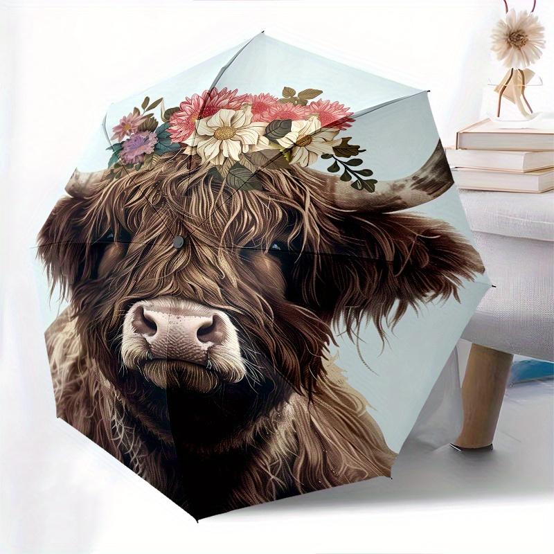 Flower Crown, Highland Cow Theme 8 Bone Hand Automatic Folding Fashion umbrella, Compact and Portable Design, A Perfect Gift for Birthday, C