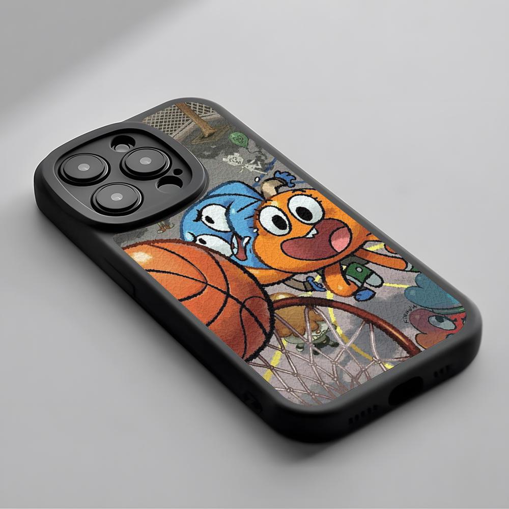 Cartone Animato Gumball Carino Modello Poster Custodia per Telefono Per iPhone 16 15 14 13 12 11 Plus Pro Max Pelle di Agnello Cover in Silicone nero