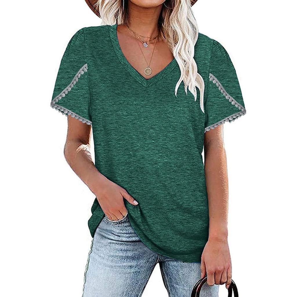 Summer New Women's Solid V-neck Lace Short Sleeve Loose T-shirt Top, Casual Fashion for Women
