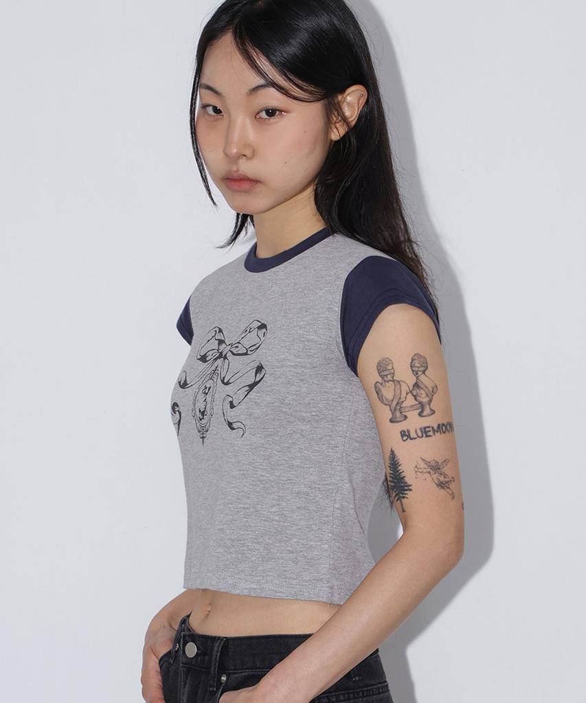 CHICKS Ribbon Kitsch Color Block Cap Sleeve Tee Melange