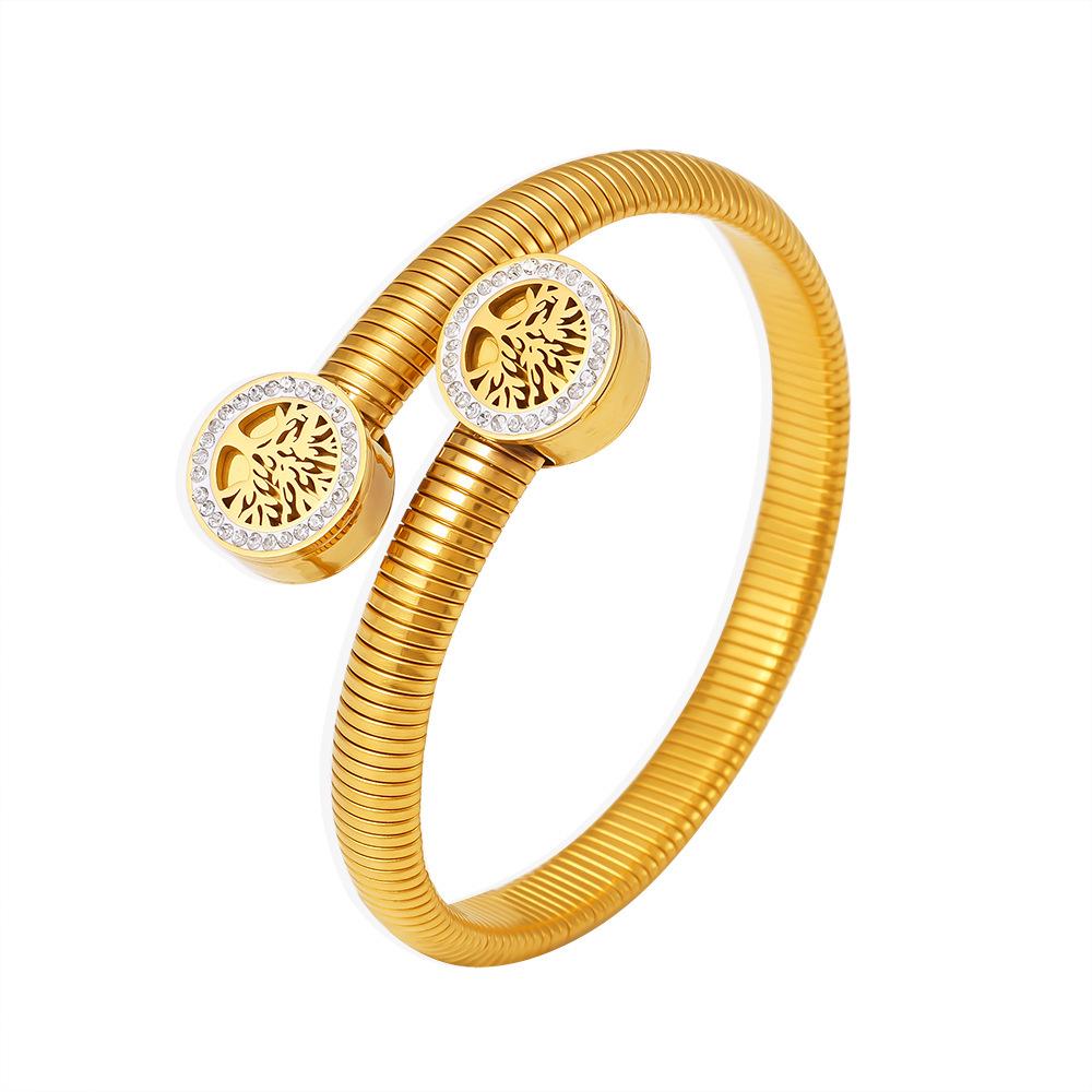 18k Gold Plated Life Tree Rhinestone Open-end Bracelet, European & American Design, Titanium Steel