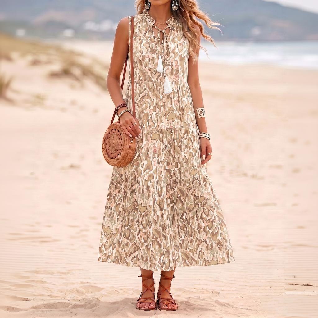 Women Sleeveless V Neck Tassel Tie Printed Dress Relaxed Fit Holiday Style Flowy Waist Tank Dress for Summer Beachwear