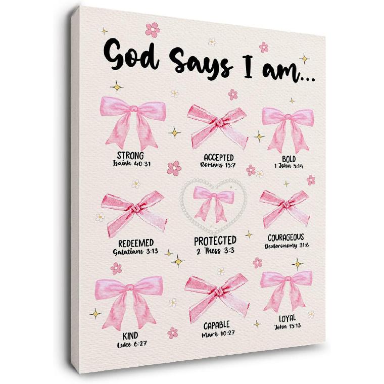 Ryeolo Pink Bow Wall Decor - Coquette Christian Bible Verse Framed Canvas Wall Art, Coquette Aesthetic Pink Bow Wall Decor for Girls Bedroom, 12x16 Pink 06 12x16 inches