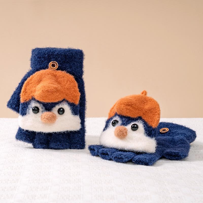 

Winter School Students Writing Gloves with Flip Cover Boys Girls Cute Penguin Gloves Kids Warm Cartoon Five Fingers Gloves 3-10Y темно-синього кольору