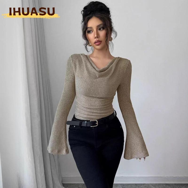 IHUASU Women's Fashion Casual Solid Color Print Long Sleeve Blouses & Shirts