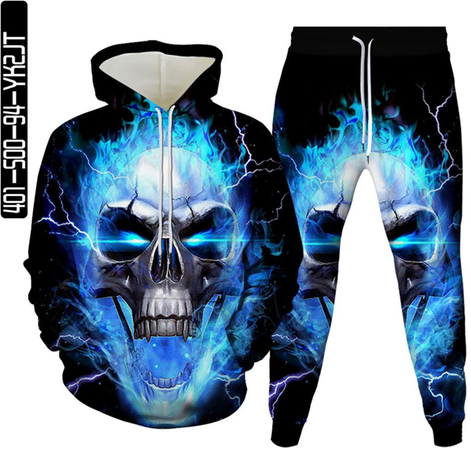 Conjuntos de chándal para hombre Hip Hop Punk Skull Fire Sudaderas con capucha impresas en 3D Pantalones para correr Traje de alta calidad para mujer Ropa de calle Tallas grandes S-6XL