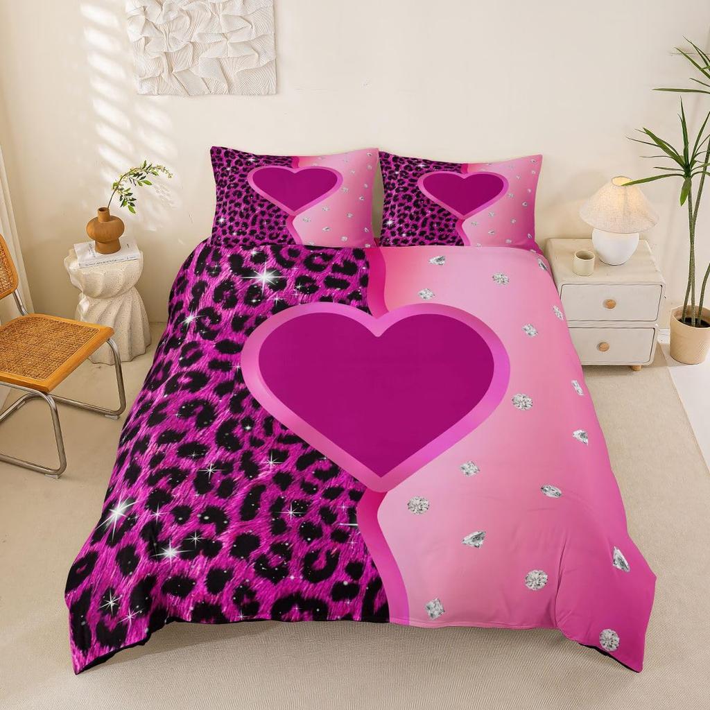 Leopard Heart Duvet Cover Double Size,Microfiber Bedding Set 2Pcs,Fashion Glitter Print Quilt Cover,Kids Boys Girls Room Decor