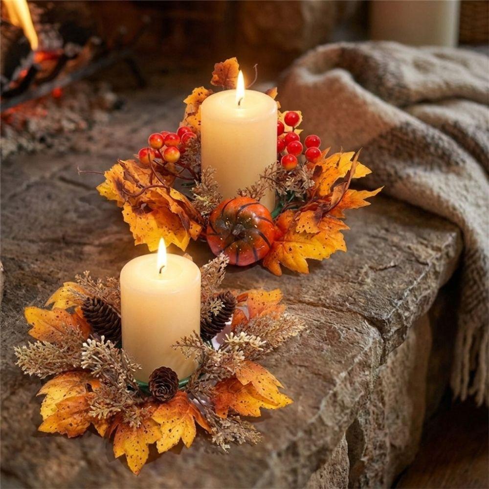 Rustic Artificial Maple Mini Wreath Fade Resistant Berries Pine Cone Candle Ring  Thanksgiving Day
