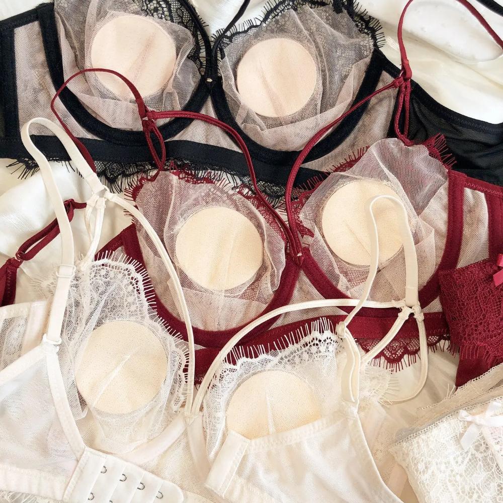 Sexy Hollow Bra Briefs Set French Thin Cup Lace Embroidery Women Underwear Wire Free Bralette Padding Comfort Plus Size Lingerie