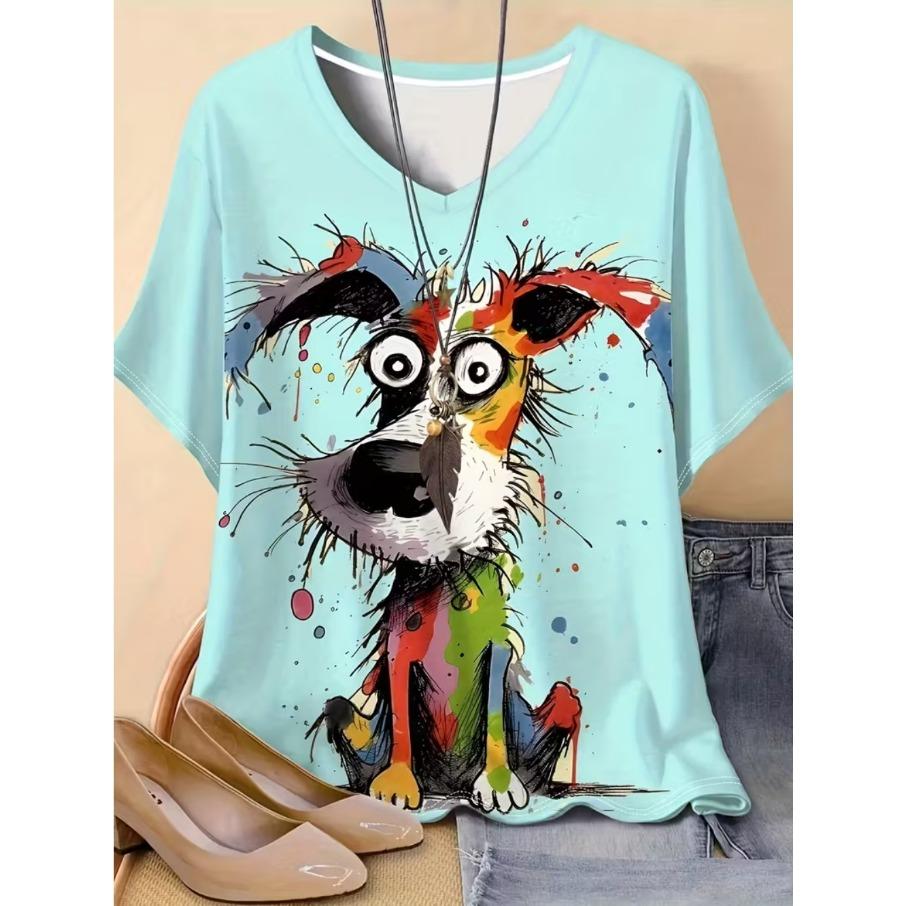 XL-7XL Plus Size Women's Men Animal Dog Casual 3D Print Loose V Neck Short Sleeved T-shirt Top