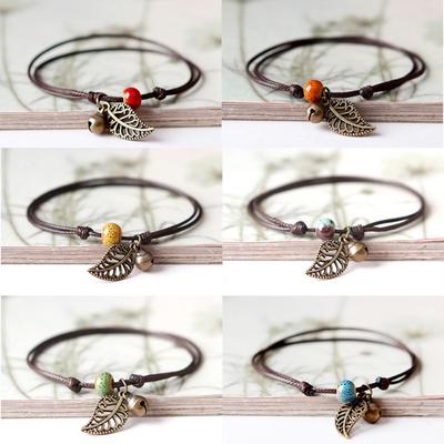 Ceramic Beaded Bracelet Bangle Rope Chain Vintage Leaf Pendant Couple Jewelry AVE