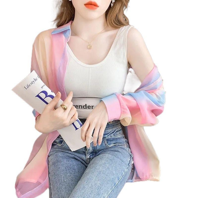 Košile a halenky s dlouhým rukávem a dlouhým rukávem s přechodem Duhová barva Průhledné tenké Dámské oblečení Volné Košile Neformální