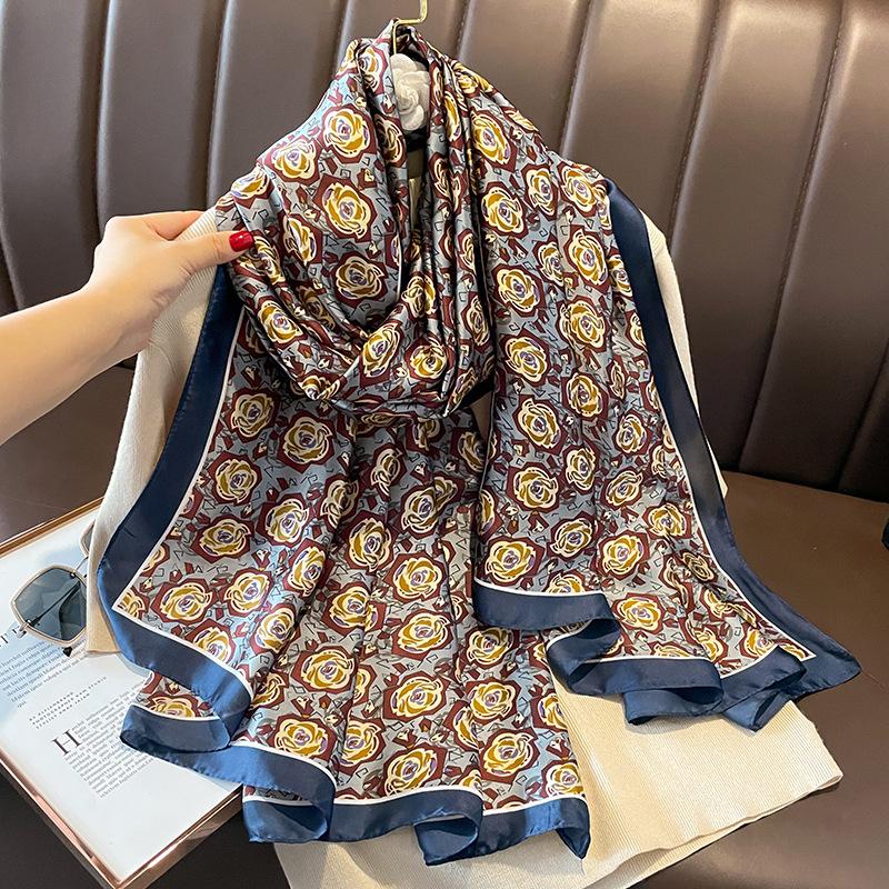 Painting Floral Design 100% Silk Feeling Scarf For Women 180X90Cm Shawl Wraps Luxury Female Hijab Headband Foulard Beach Stoles