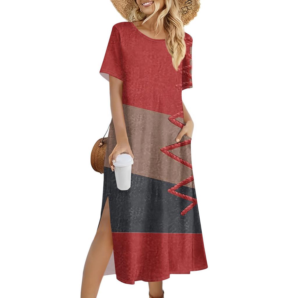 Damenmode Sommerkleid mit Farbblock-Patchwork-Print, lässiges Strandkleid, schmales Urlaubskleid