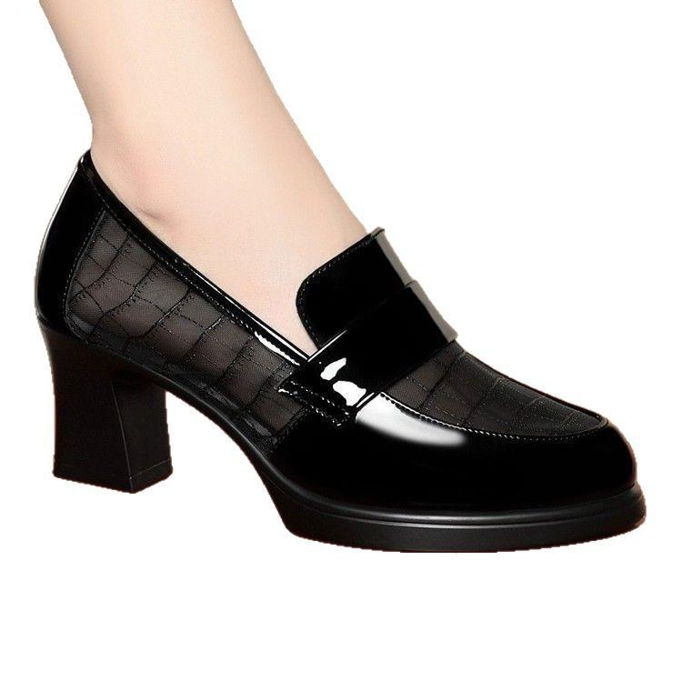 Summer Single Shoes High Heels Waterproof Table Thick Heel Mesh Breathable Leather Shoes