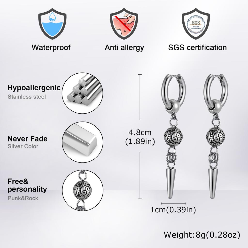 Punk Men's Huggies Earrings,Vintage Long Chain Stainless Steel Ear Drop,Stylish Cross Earring Gift