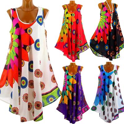 Casual Summer Women Round Neck Sleeveless Sunflower Print Loose Irregular Dress