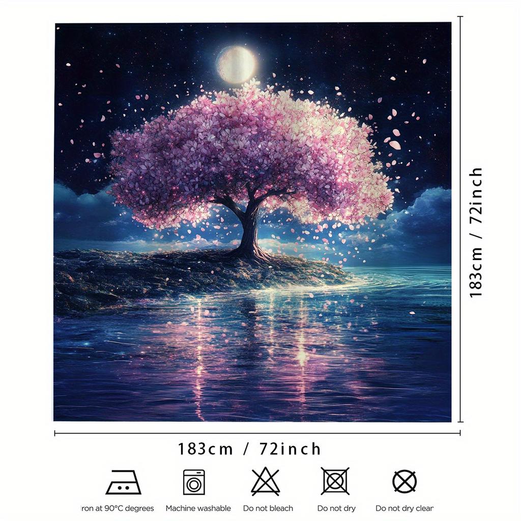 1Pc Beautiful Moonlight Peach Blossom Digital Printed Shower Curtain, Polyester With Hooks, Machine Washable, Woven, Suitab