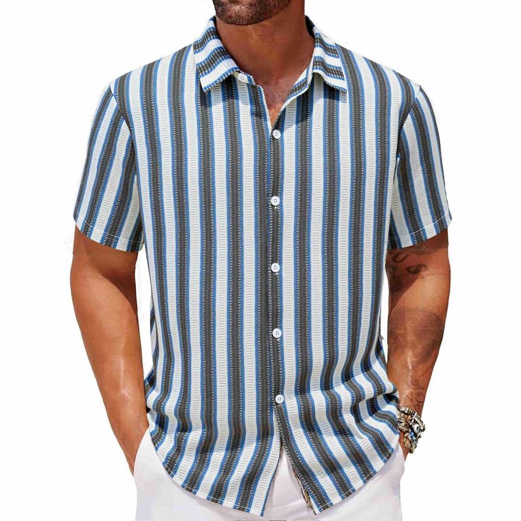 Men's Summer Beach Casual Shirt Yarn-dyed Striped Short-sleeved Lapel Shirt