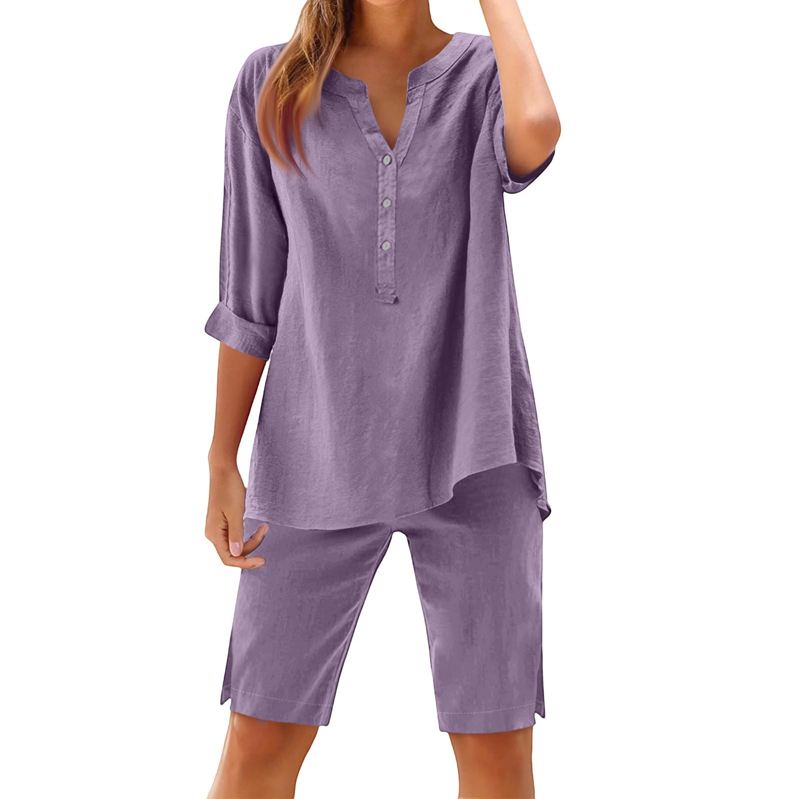 

Женский свободный модный однотонный хлопковый льняной комплект с длинным рукавом и шортами на пуговицах XXL фиолетовый