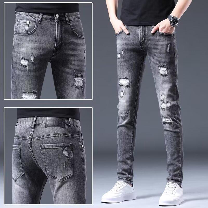 

«Модные мужские рваные джинсы Slim-Fit 2024 года на весну и осень» 34 серый