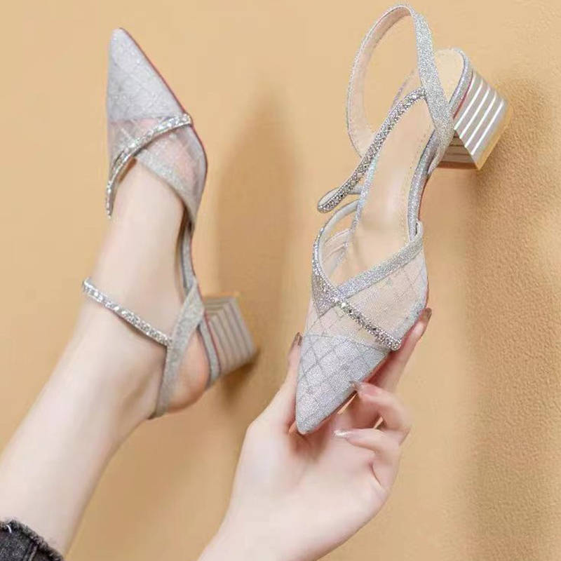 Baotou with sandals  summer new mesh thick heel rhinestone high heel French low heel pointed shoes