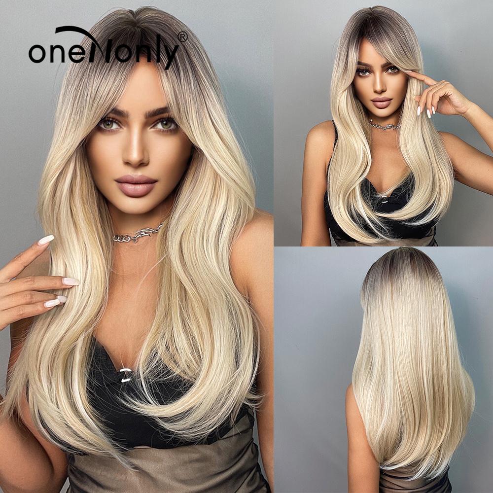 oneNonly Long Body Wave Ombre Brown Pink Synthetic Wigs with Bangs Natural Wave for Women Cosplay Natural Wig Heat Resistant