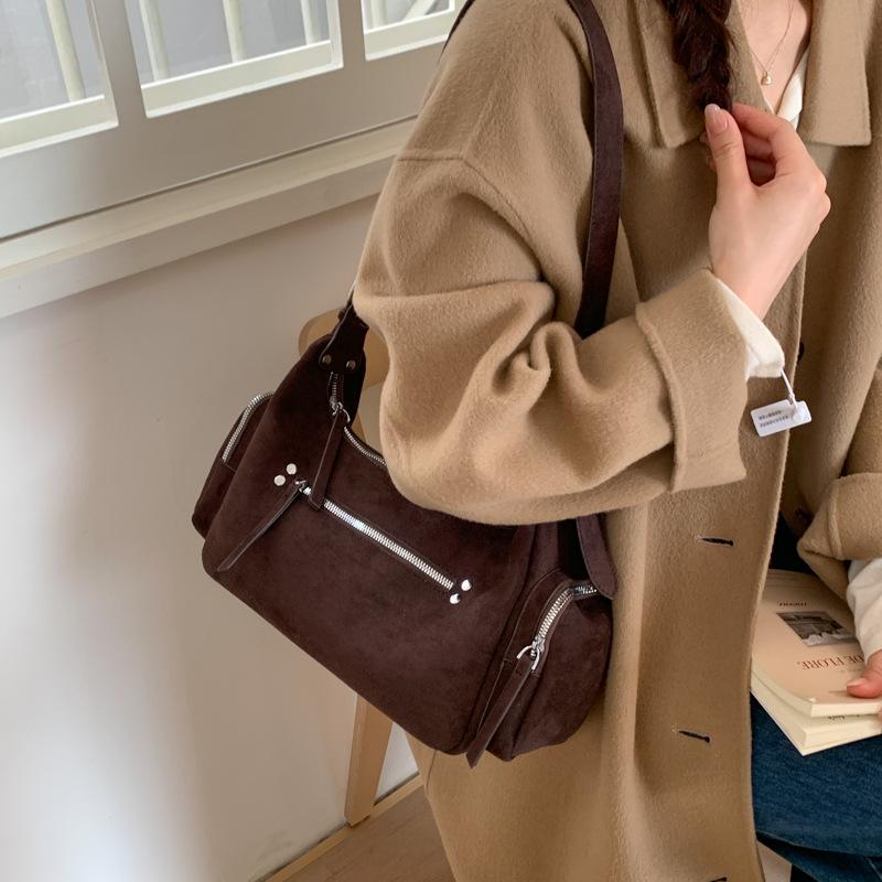 PU Suede Hobo Bag Women's Fashion Shoulder Tote with Multiple Zip Pockets Casual Everyday Handbag