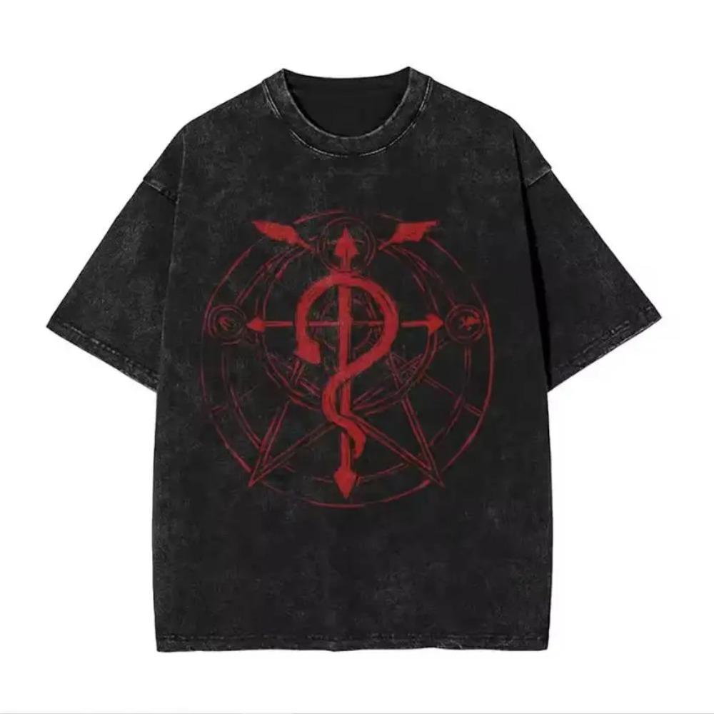 

Classic Japan Anime Fullmetal Alchemist Brotherhood Manga Print Tees Loose Oversized Top Men Women Washed Cotton T-shirts L