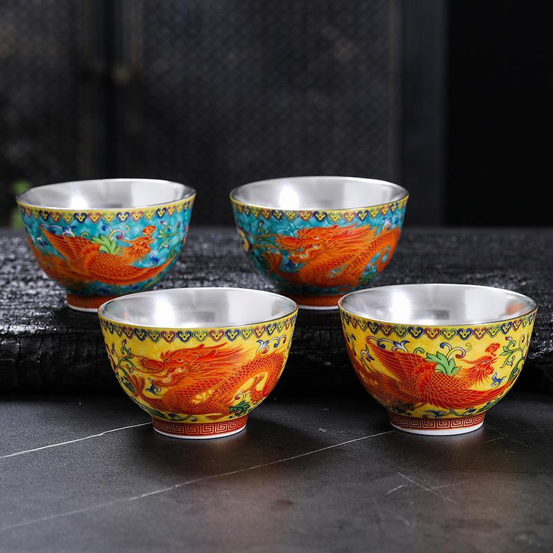 Handmade 999 Sterling Silver Dragon & Phoenix Enamel Tea Cup Gift Set - Gongfu Court Style